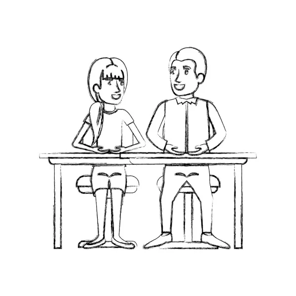 Silhueta borrada trabalho em equipe de casal sentado na mesa e mulher com cabelo de rabo de cavalo e homem lado cabelo dividido em terno formal — Vetor de Stock