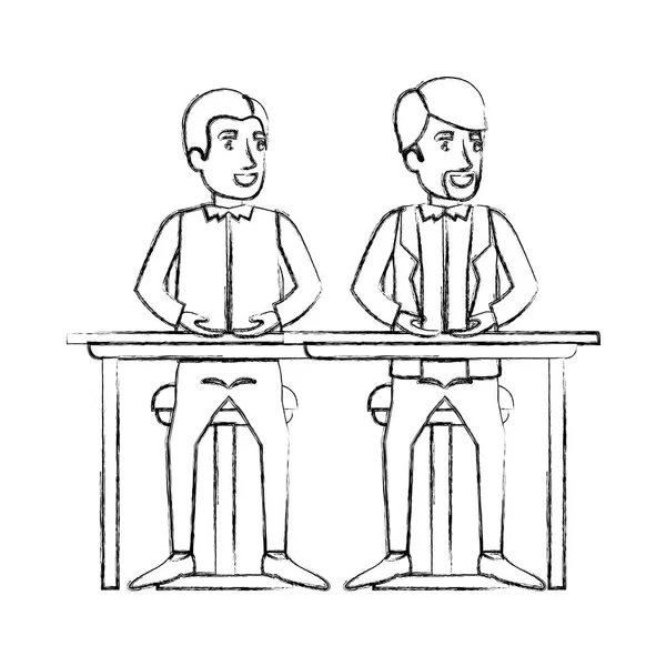 Blurred silhouette of men sitting in desk one with casual clothes and the other with formal clothes and van dyke beard — Stock Vector