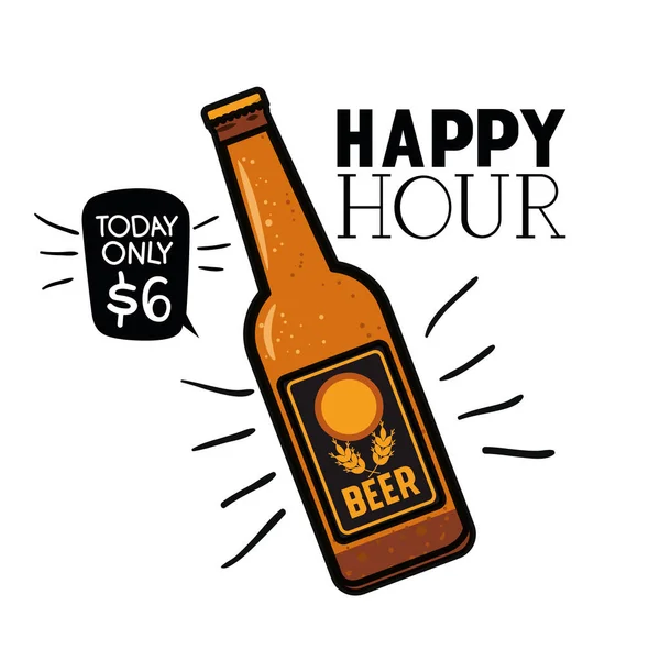 Étiquette happy hour avec icône de bière isolée — Image vectorielle