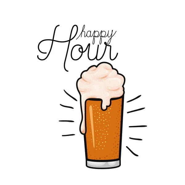 Happy hour label with beer isolated icon — Stock Vector