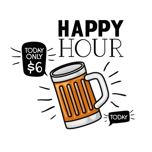 Étiquette happy hour avec icône de bière isolée — Image vectorielle