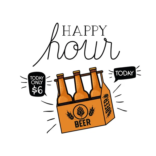 Happy hour label with beer isolated icon — Stock Vector