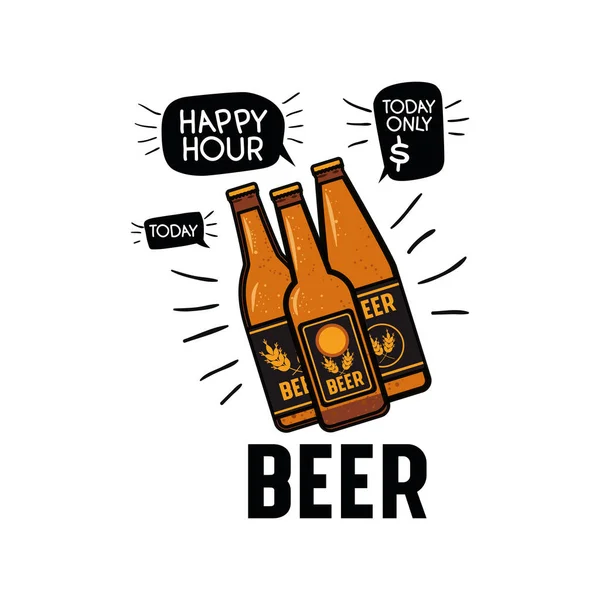 Happy hour label with beer isolated icon — Stock Vector