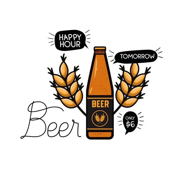 Étiquette happy hour avec icône de bière isolée — Image vectorielle