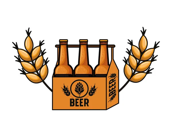 Box med ölflaskor och vete isolerade ikonen — Stock vektor