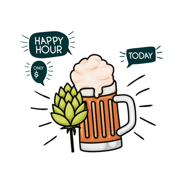Bière avec mousse et icône isolée en cône de pin — Image vectorielle