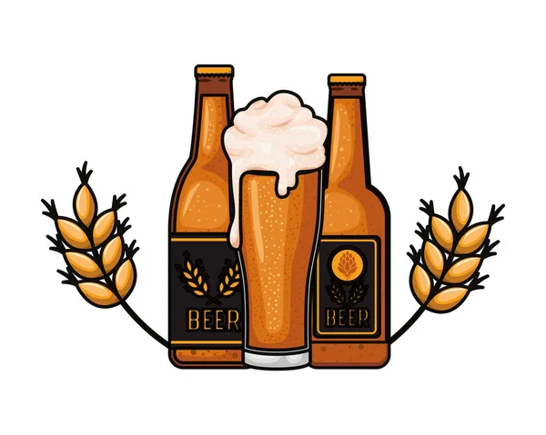 Láhev od piva a skleněné izolované ikony — Stockový vektor
