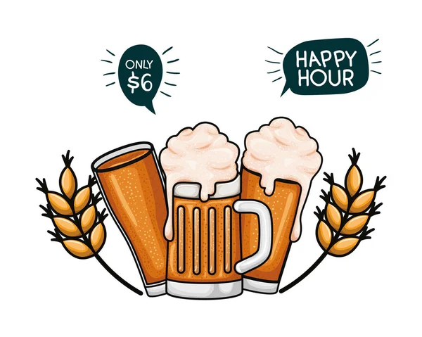 Пиво з піною і пшеничною ізольованою іконою — стоковий вектор