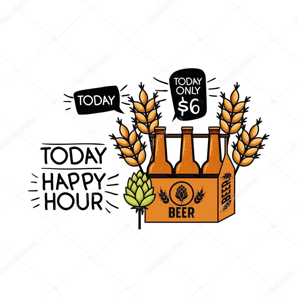 happy hour label with beer isolated icon