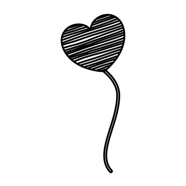Monokrom silhuett av ballong i hjärtat form med randiga linjer flytande — Stock vektor