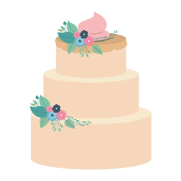 El çizim renk üç katlı kek pembe buttercream ve süsleme bitkiler dekoratif — Stok Vektör