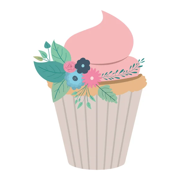핸드 드로잉 컬러 컵 케이크 핑크 버터 크림과 장식 식물 장식 — 스톡 벡터