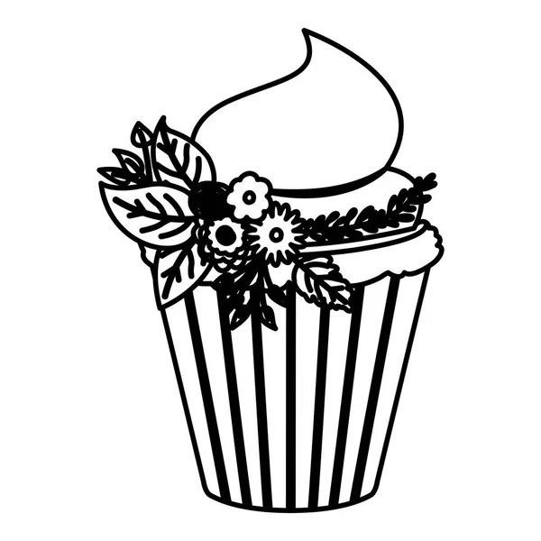 Schizzo contorno di mano disegno cupcake con piante ornamentali e decorativi crema di burro — Vettoriale Stock