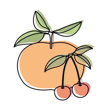 meyve mandalina ve kiraz suluboya siluet seti ile beyaz arka plan