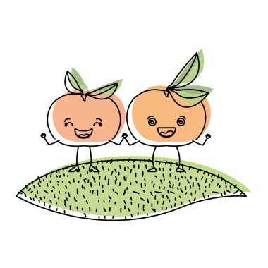 çim üzerinde mandalina meyve karikatürü çiftinin suluboya silüeti ile beyaz arka plan