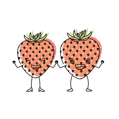 çilek meyve karikatürü çiftinin suluboya silüeti ile beyaz arka plan
