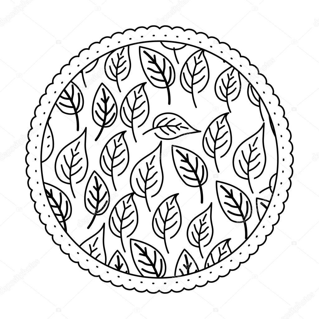 white background with monochrome circular frame with pattern of ovoid leaves