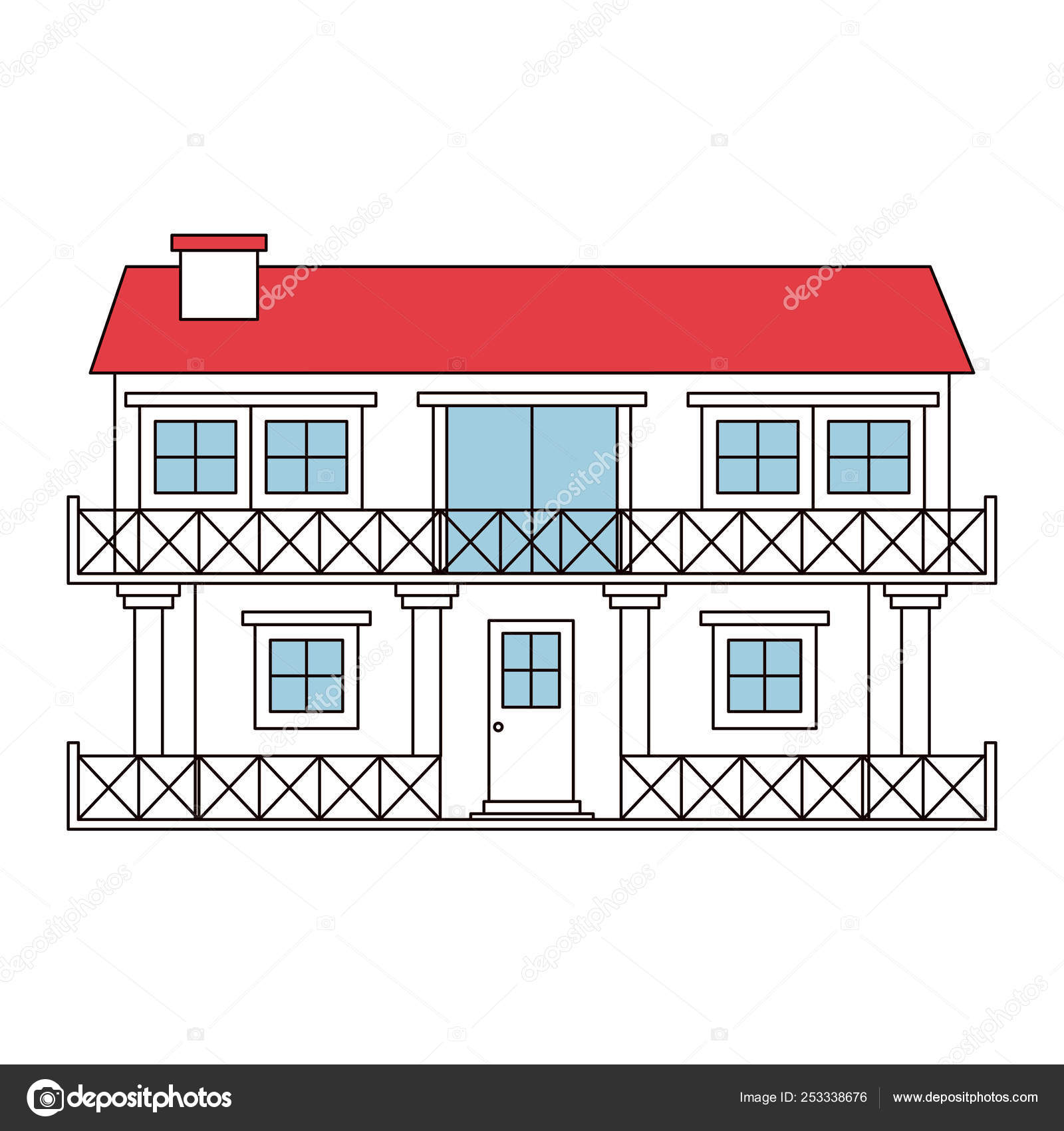 Image vectorielle Sections de couleur silhouette façade maison de deux  étages avec balcon et cheminée par ©grgroupstock - 253338676, image size:1600x1700