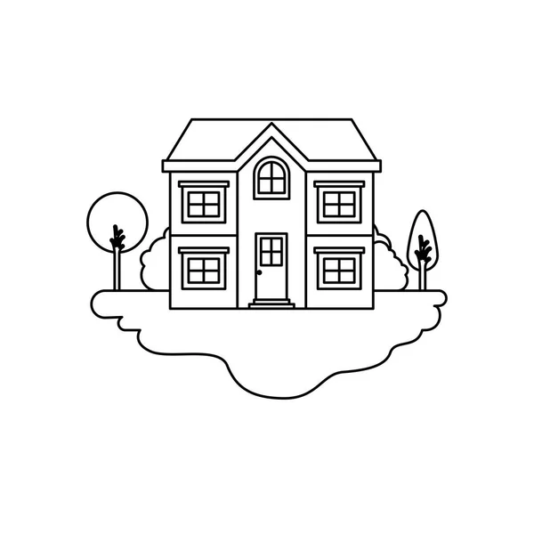 Silueta monocroma escena de paisaje al aire libre y fachada casa de dos plantas — Vector de stock