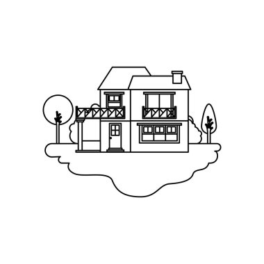 iki katlı ve balkon açık manzara ve kır evi tek renkli siluet sahne