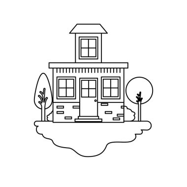 küçük çatı ile açık manzara ve ev tek renkli siluet sahne