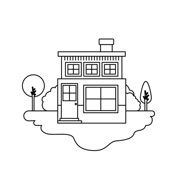 Монохромний силует сцени відкритого ландшафту і будинку з двома поверхами з димоходом — стоковий вектор
