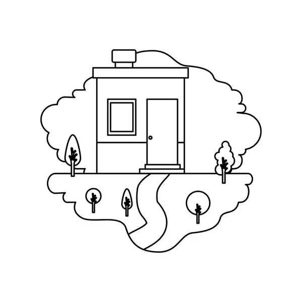 单色剪影自然景观和小房子与烟囱 — 图库矢量图片