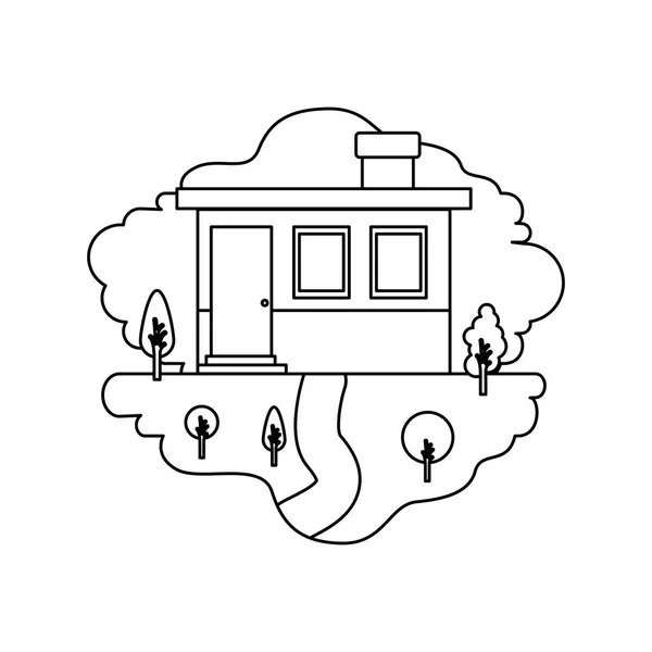 Monochromatyczna scena z naturalnym krajobrazem i małą fasadą domu z kominkiem — Wektor stockowy