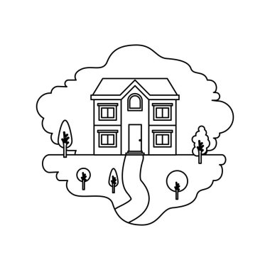 iki katlı doğal peyzaj ve cephe ev tek renkli siluet sahne