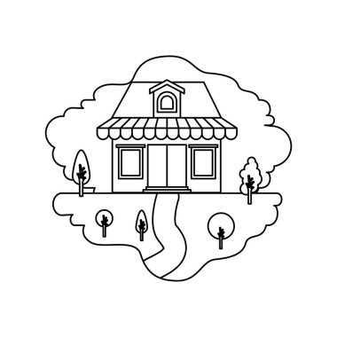 doğal peyzaj ve Tente ve çatı ile mağaza tek renkli siluet sahne