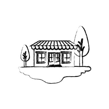 Açık manzara ve Tente ile mağaza tek renkli bulanık siluet sahne