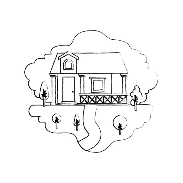 Монохромный размытый силуэт пейзажа и фасадного дома с перилами и чердаком — стоковый вектор