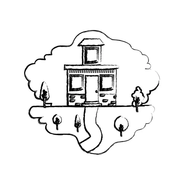 Silueta borrosa monocroma escena de paisaje natural y casa con pequeño ático — Vector de stock