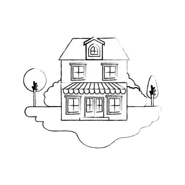 tavan ve Tente ile iki katlı açık manzara ve ev tek renkli bulanık siluet sahne