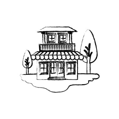 balkon ve Tente ile iki katlı açık manzara ve ev tek renkli bulanık siluet sahne