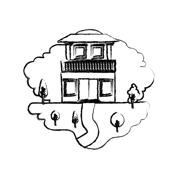 Fekete-fehér elmosódott homályos jelenet a természeti táj és a ház két emelet és erkély — Stock Vector