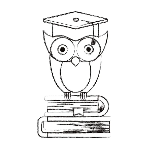 Sketch blurred silhouette of owl knowledge with cap graduation on stack of books — Stock Vector