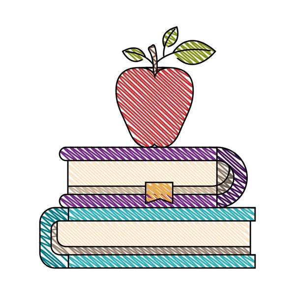 Χρώμα κραγιόν λωρίδα εικόνα του ζεύγους βιβλίων με σελιδοδείκτη και μήλο — Διανυσματικό Αρχείο