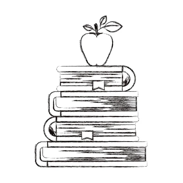 Boceto silueta borrosa de pila de libros con fruta de manzana — Vector de stock