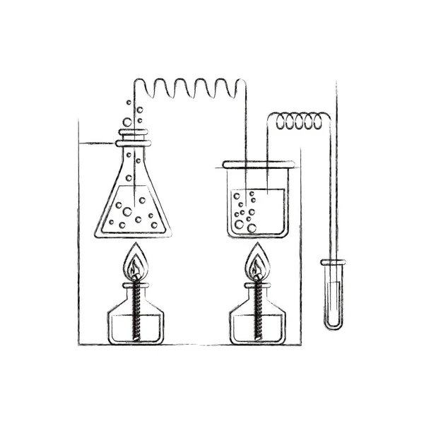 Эскиз размытый силуэт химической лаборатории с экспериментом в процессе — стоковый вектор
