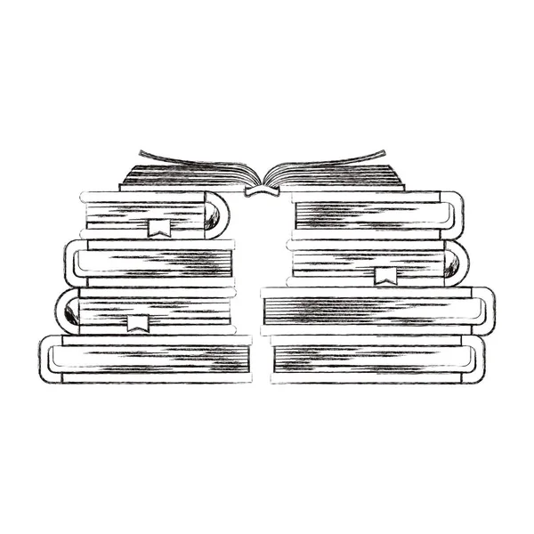 Σκίτσο θολή σιλουέτα στοίβα βιβλίων με ανοιχτό βιβλίο στην κορυφή — Διανυσματικό Αρχείο