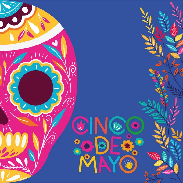 Tarjeta cinco de mayo con flores y máscara de cráneo — Vector de stock