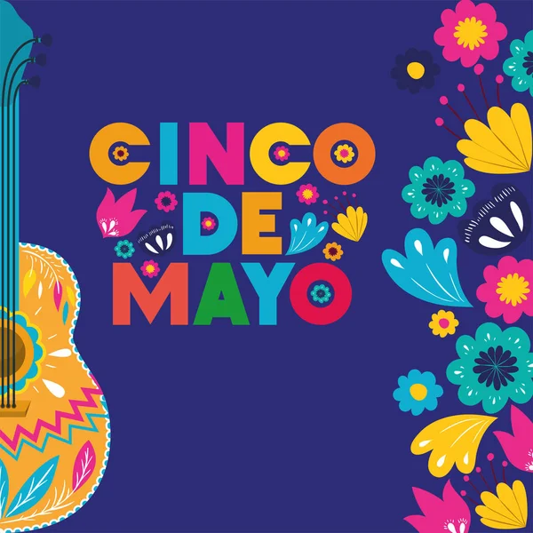 Carte cinco de mayo avec guitare et fleurs — Image vectorielle