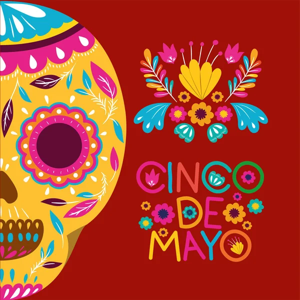 Tarjeta cinco de mayo con flores y máscara de cráneo — Vector de stock