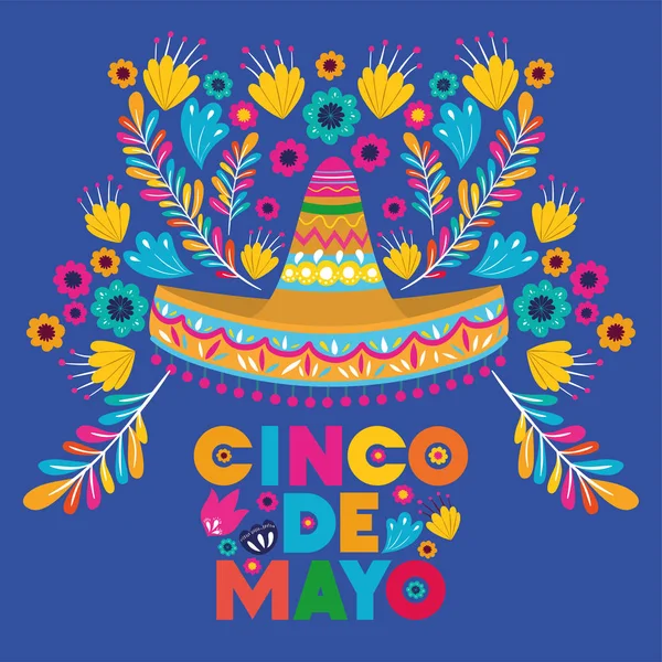 Cinco de mayo karta s květinami a čepice — Stockový vektor