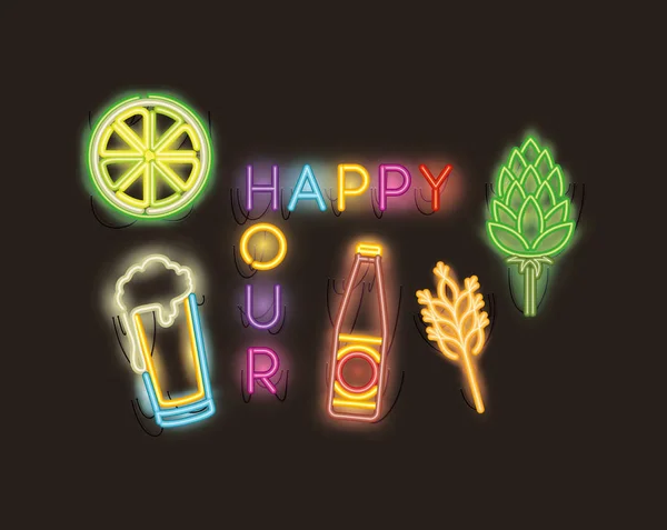 Happy hour com bar set ícones fontes luzes de néon — Vetor de Stock