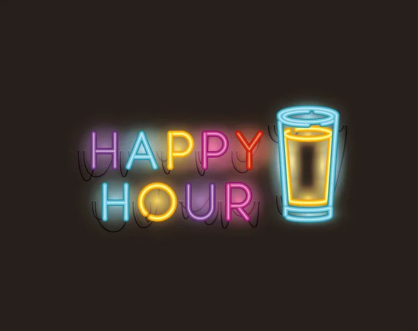 Happy hour z piwa jar czcionki neony — Wektor stockowy