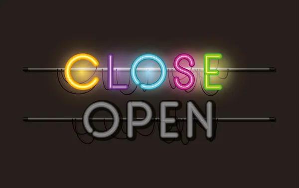 Abrir e fechar fontes neon lights label —  Vetores de Stock