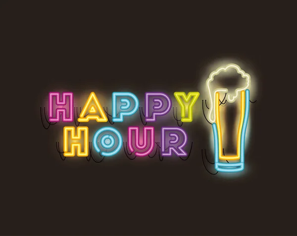 Happy hour with beer jar fonts neon lights — Stock Vector