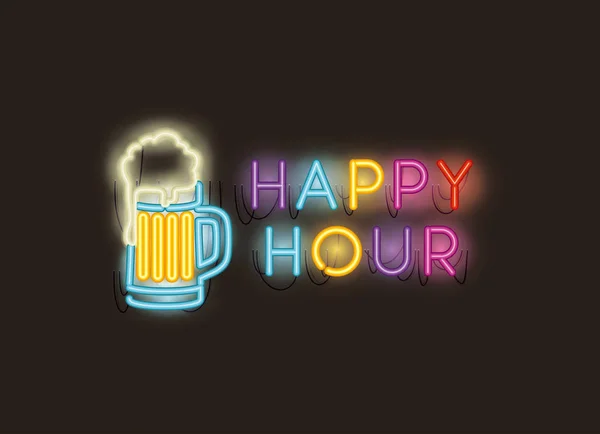 Happy hour con cerveza tarro fuentes neón luces — Archivo Imágenes Vectoriales